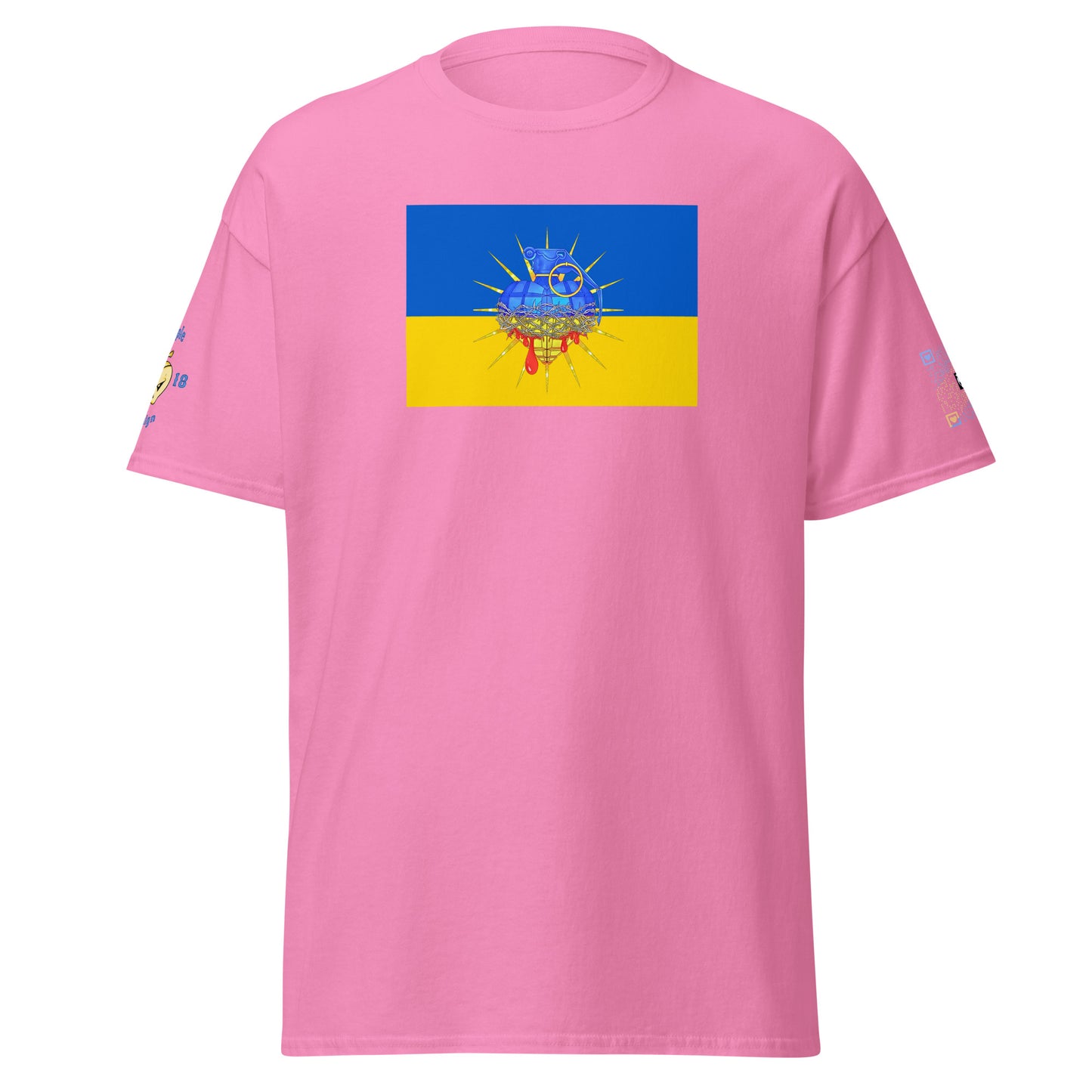 Ukraine is Bleeding Pink Unisex tee with Ukrainian Flag & Heart Shaped Grenade