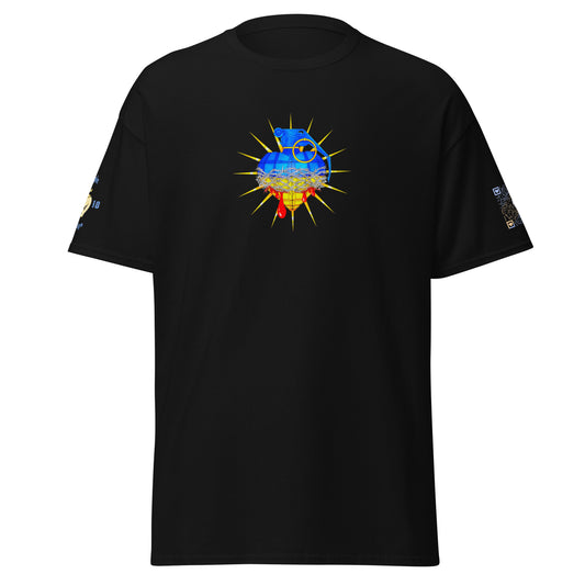 Ukraine is Bleeding Black Unisex tee with Heart Shaped Grenade