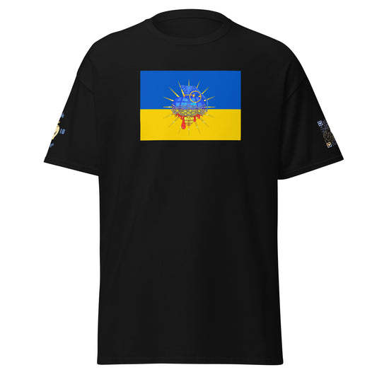Ukraine is Bleeding Black Unisex tee with Ukrainian Flag & Heart Shaped Grenade
