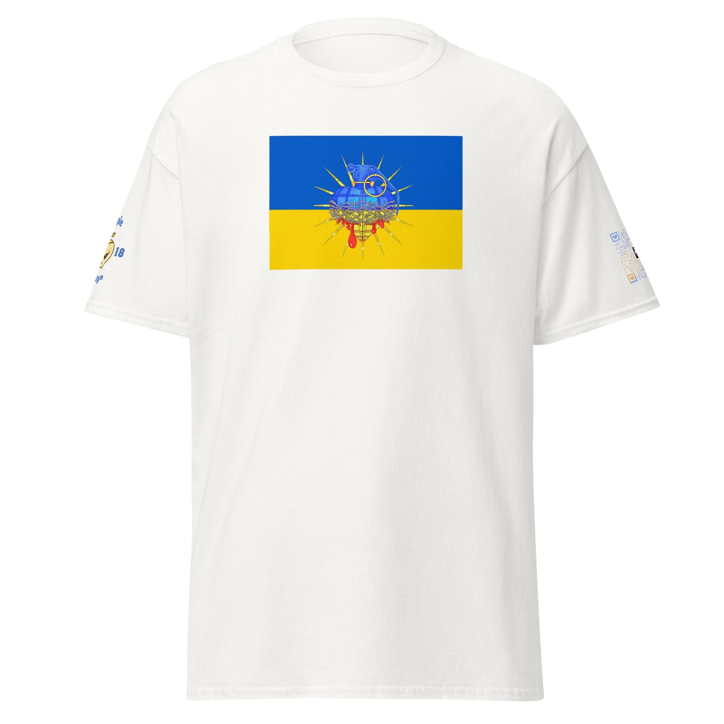 Ukraine is Bleeding White Unisex tee with Ukrainian Flag & Heart Shaped Grenade